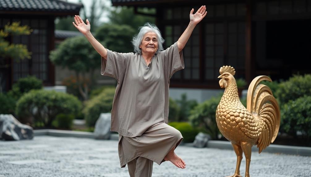 rooster balances on leg